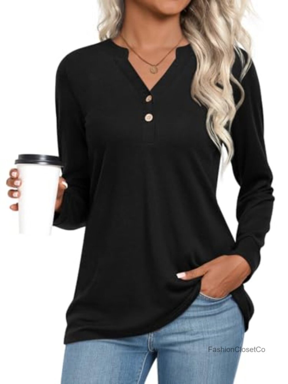 Women's Long Sleeve Henley Tunic Top V-Neck Button Blouse